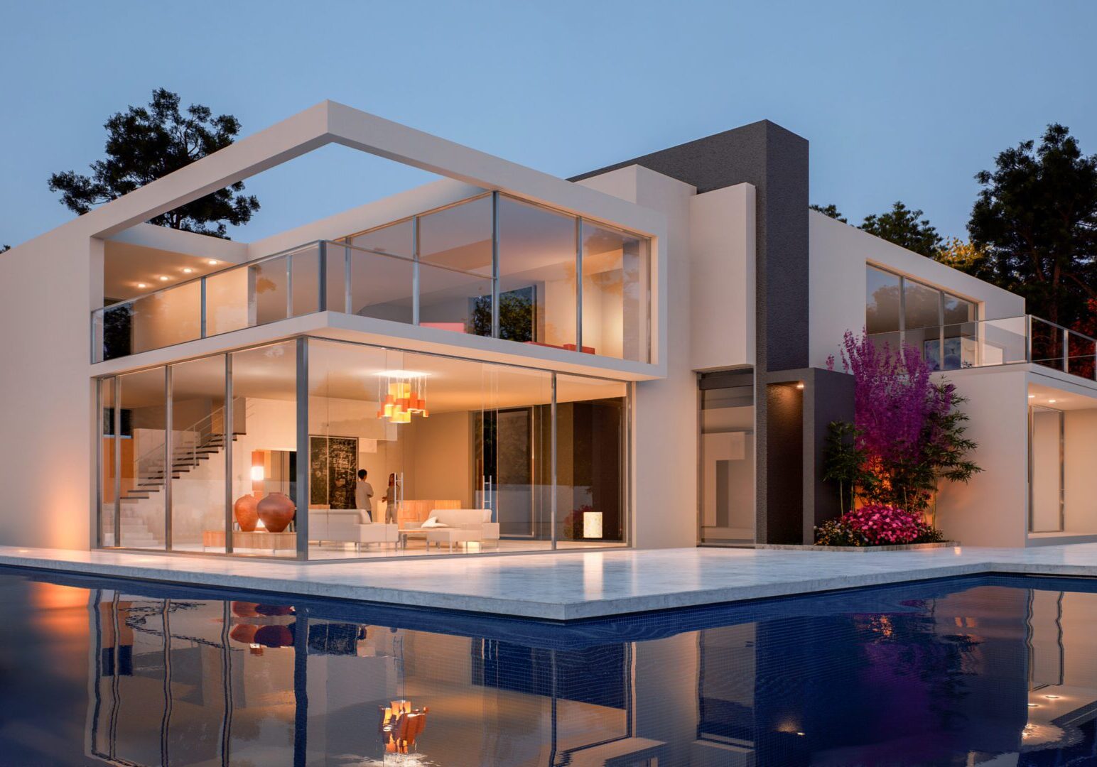 A modern house with a pool and a large glass window.